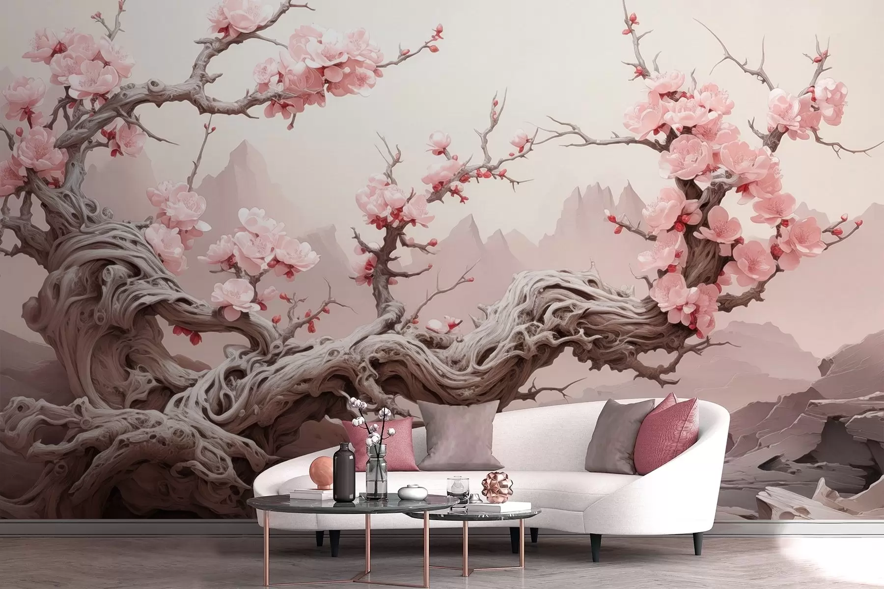 Papier peint Tronc d'arbre torsadé avec sakura rose en fleur w09388