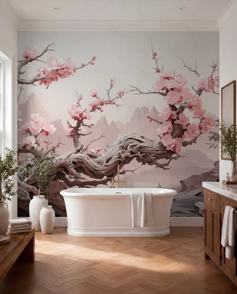 Papier peint Tronc d'arbre torsadé avec sakura rose en fleur w09388