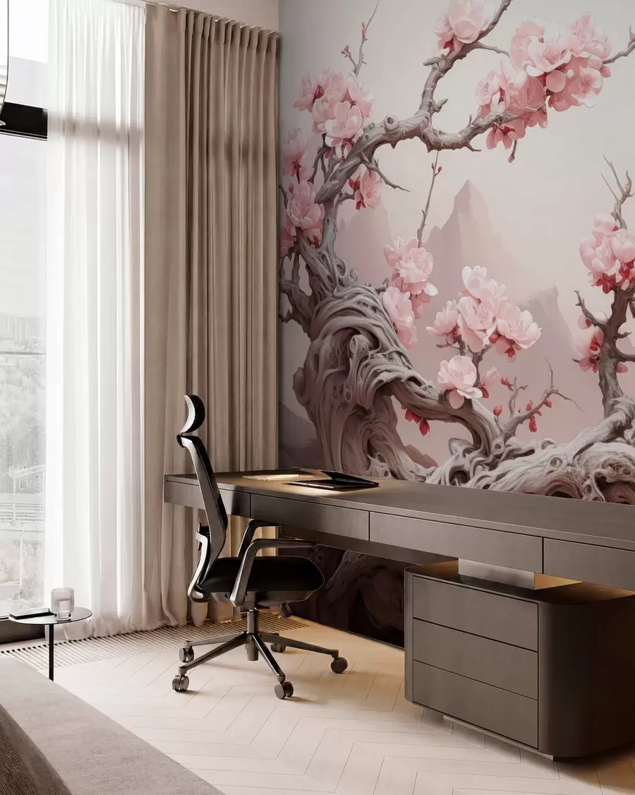 Papier peint Tronc d'arbre torsadé avec sakura rose en fleur w09388