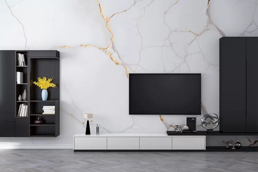 Papier peint Imitation du marbre avec de fines fissures et des veines jaunes w09390