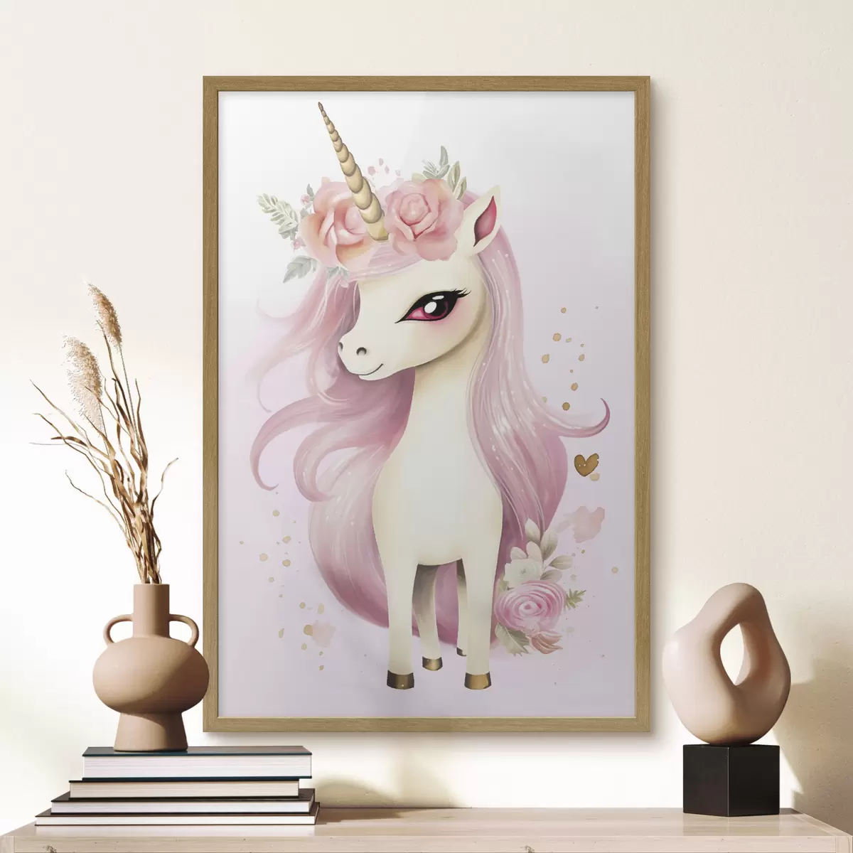 Poster Licorne avec crinière rose et couronne de fleurs f45484