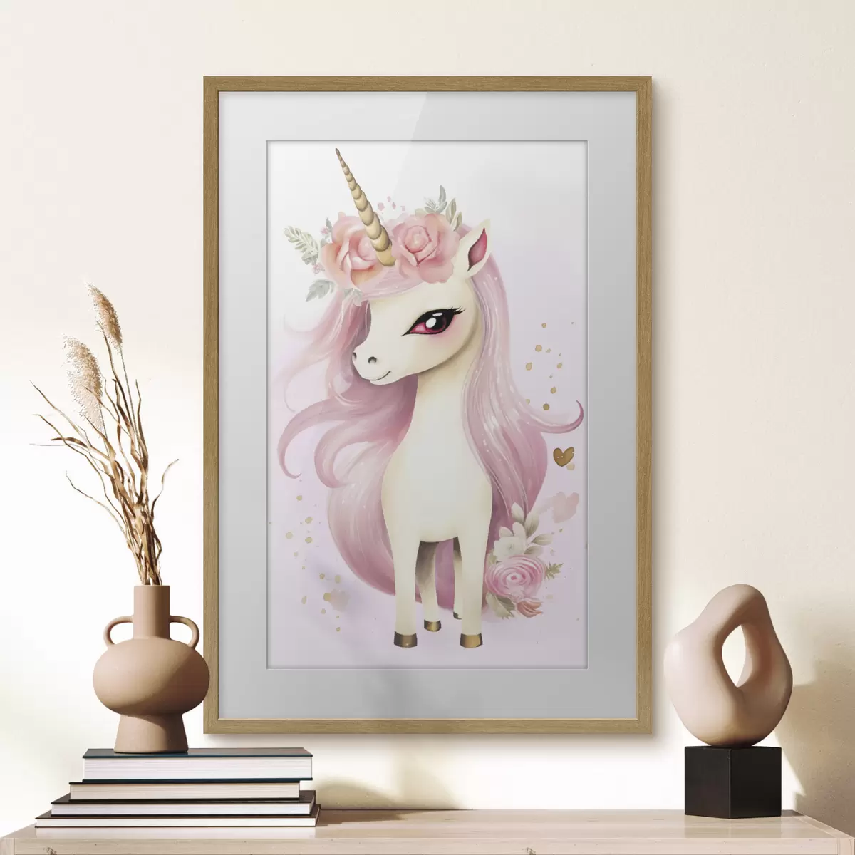 Poster Licorne avec crinière rose et couronne de fleurs f45484