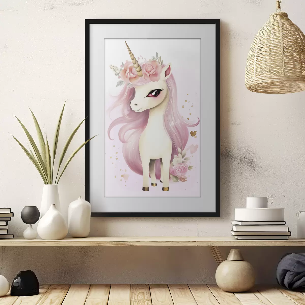 Poster Licorne avec crinière rose et couronne de fleurs f45484