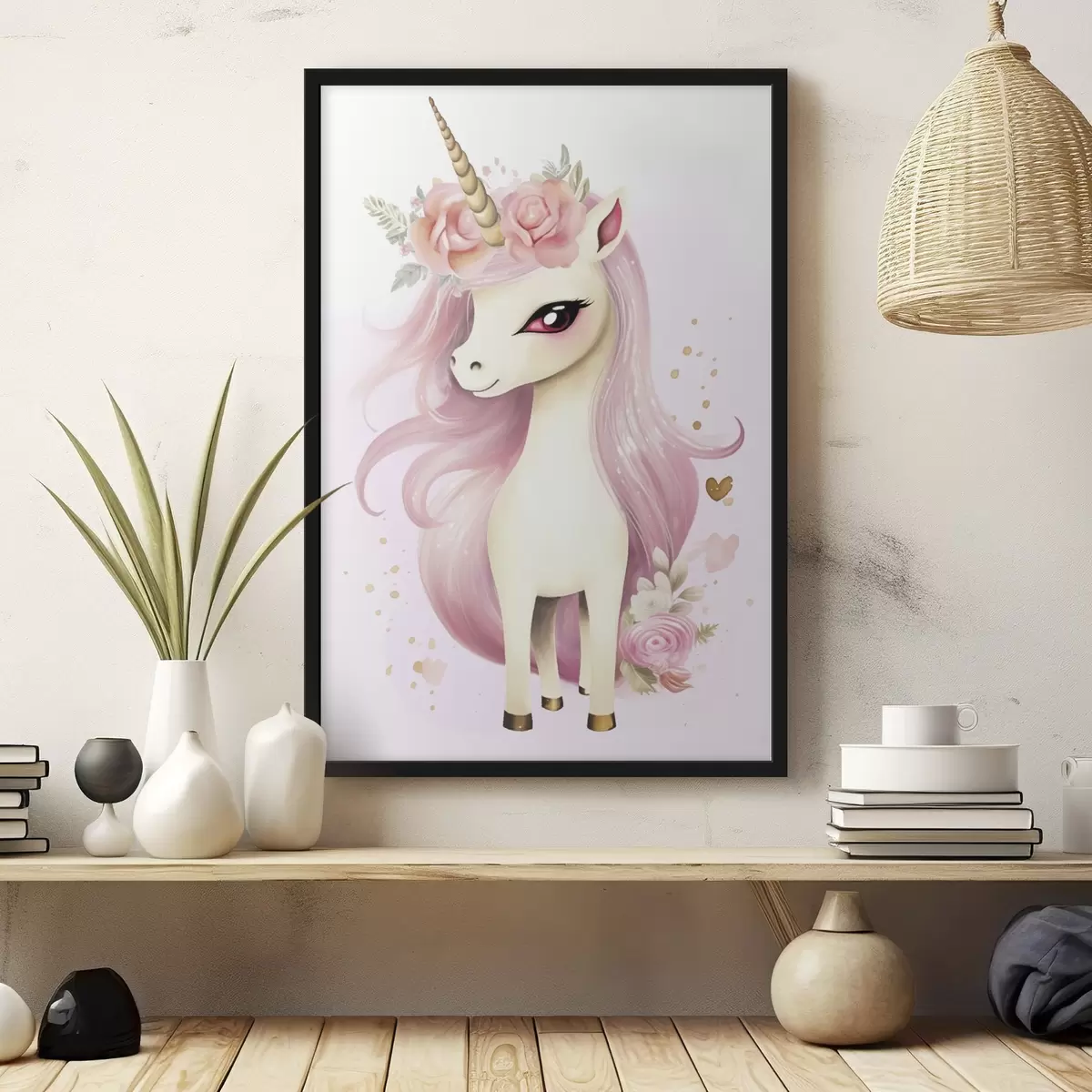 Poster Licorne avec crinière rose et couronne de fleurs f45484