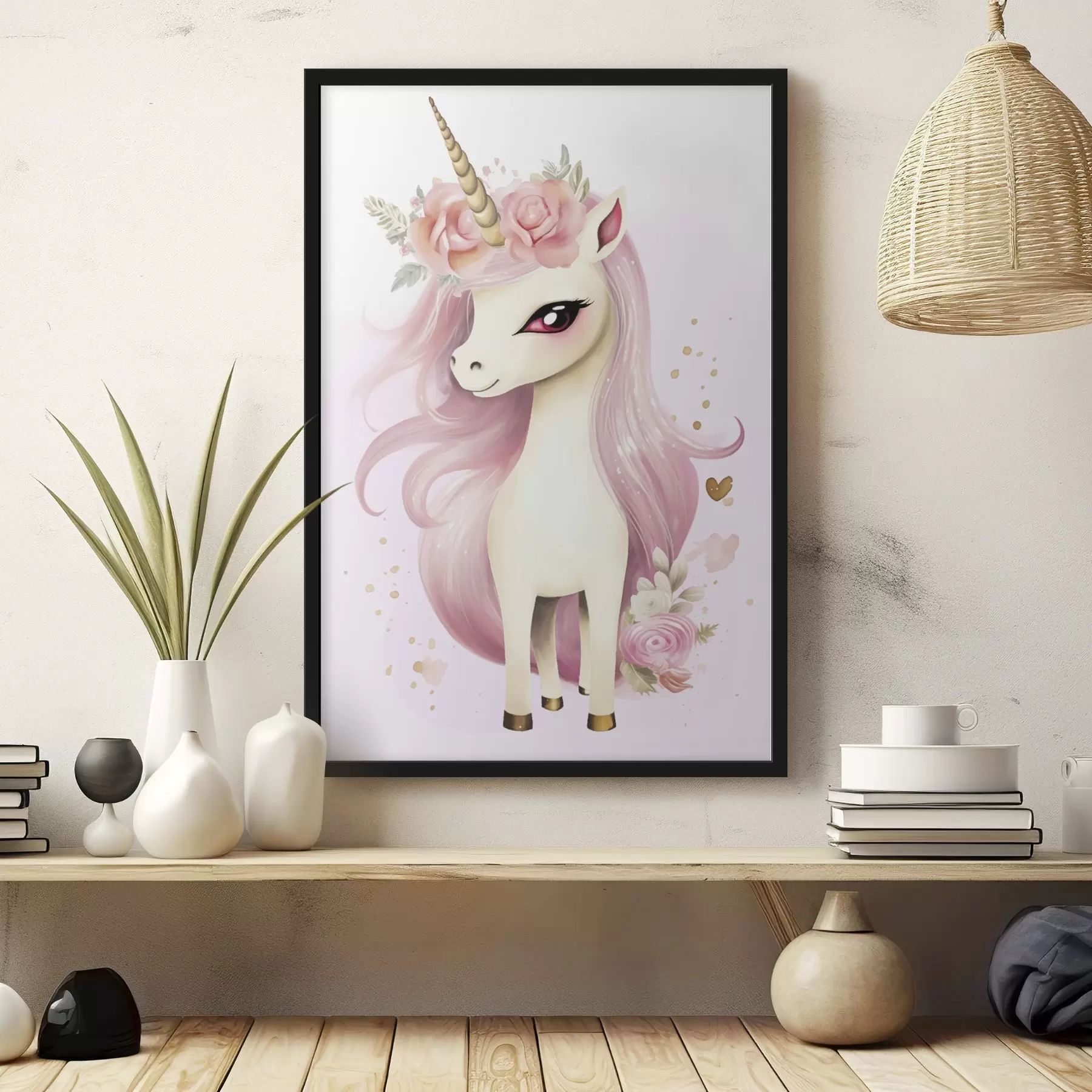 Papier peint Licorne avec crinière rose et couronne de fleurs f45484