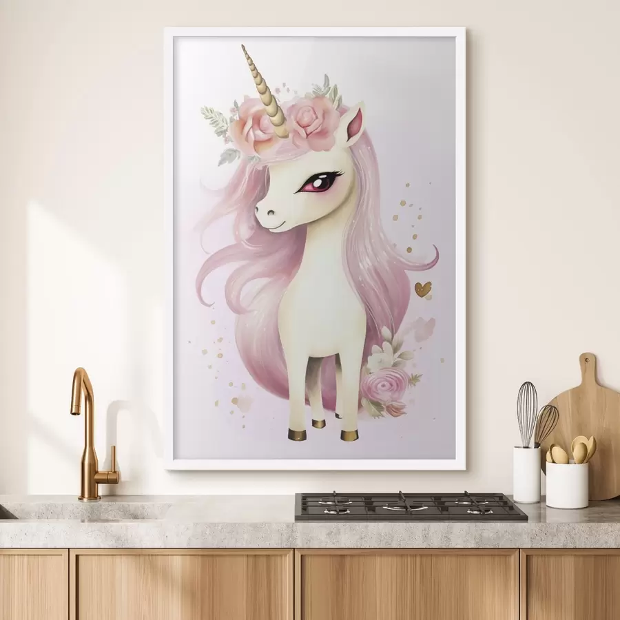 Papier peint Licorne avec crinière rose et couronne de fleurs f45484