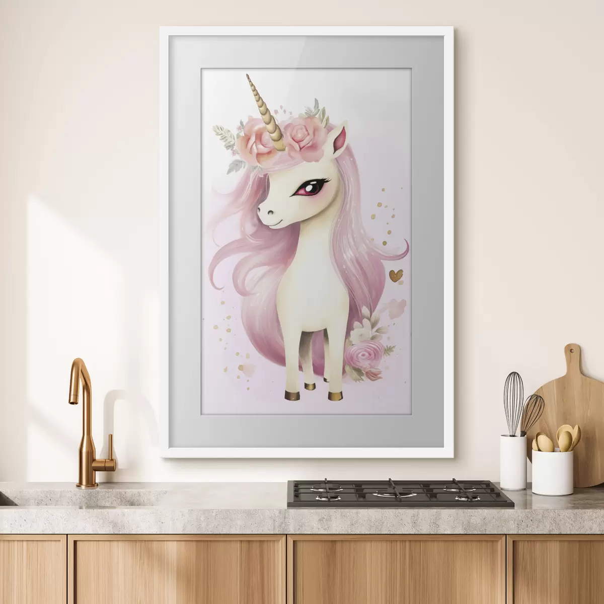 Poster Licorne avec crinière rose et couronne de fleurs f45484
