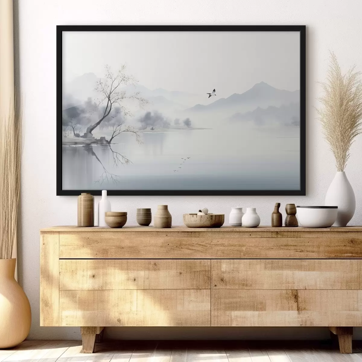 Poster Paysage brumeux avec un arbre, des montagnes et des oiseaux f45518