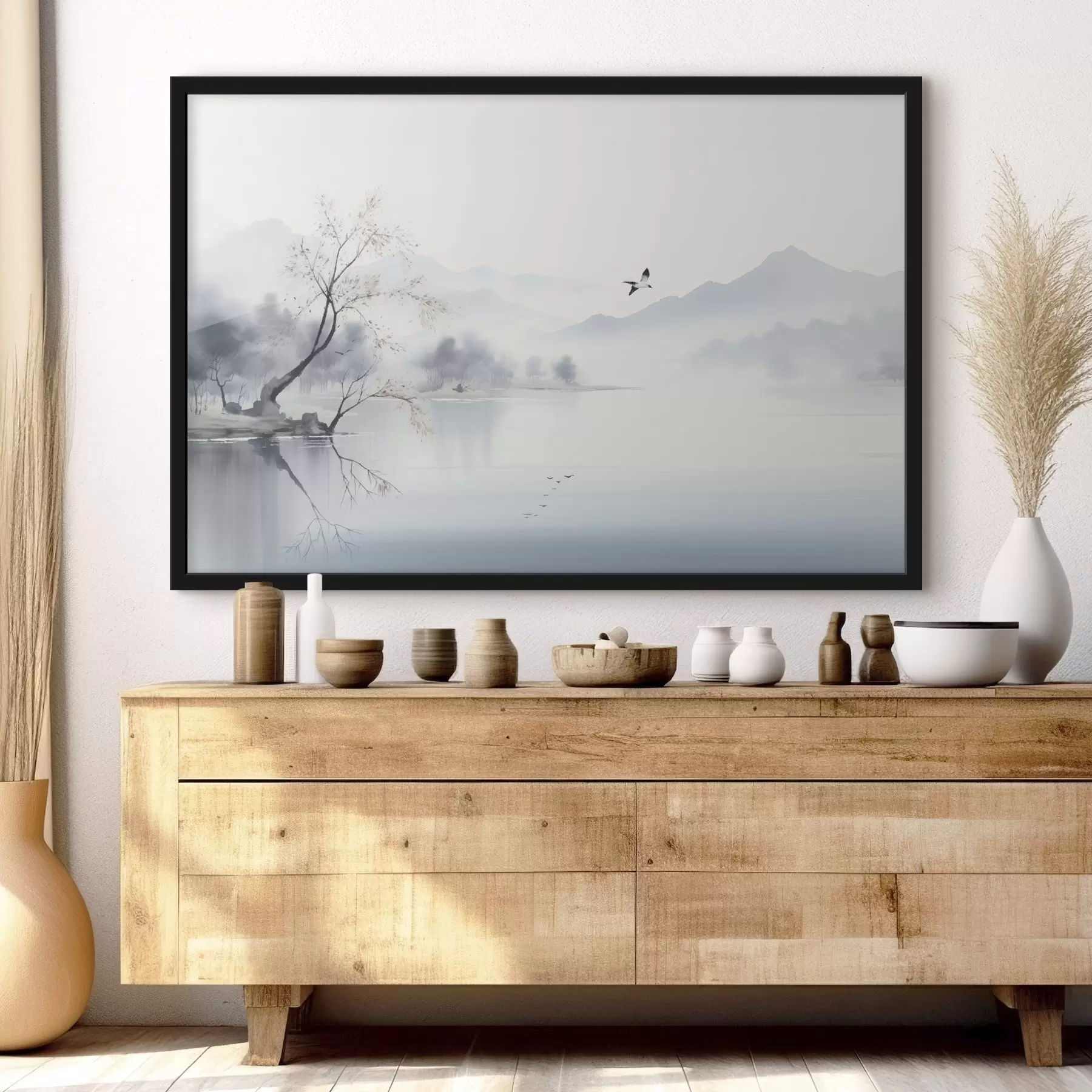 Papier peint Paysage brumeux avec un arbre, des montagnes et des oiseaux f45518