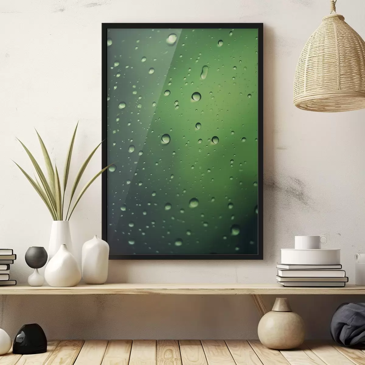 Poster Gouttes d'eau sur verre vert, gros plan f45521