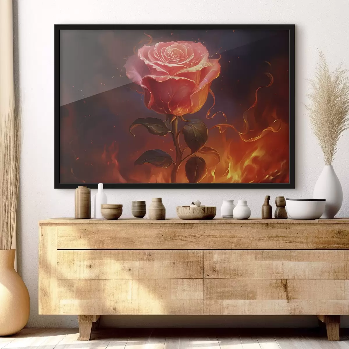 Poster Rose rouge parmi le feu et les étincelles f45523