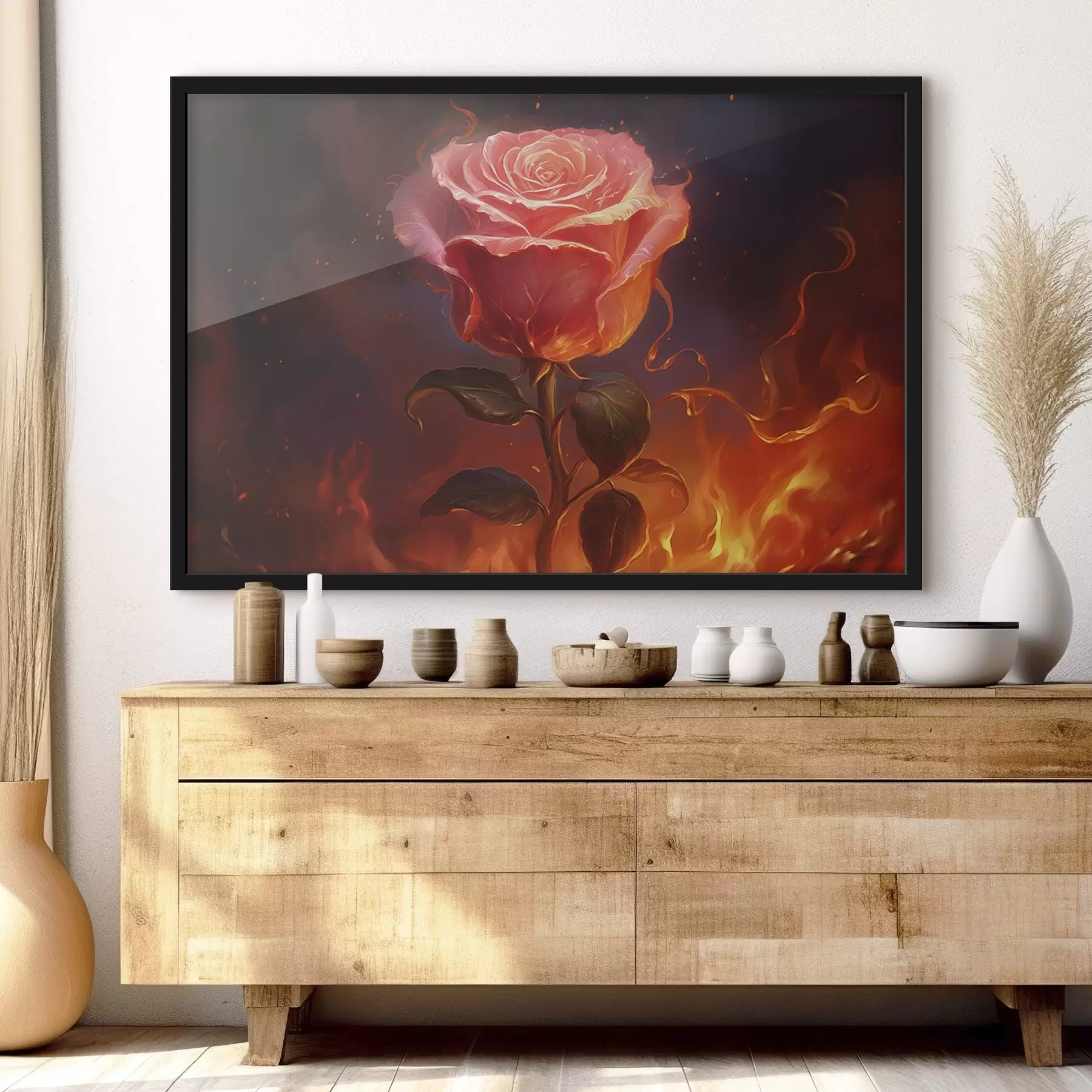 Papier peint Rose rouge parmi le feu et les étincelles f45523