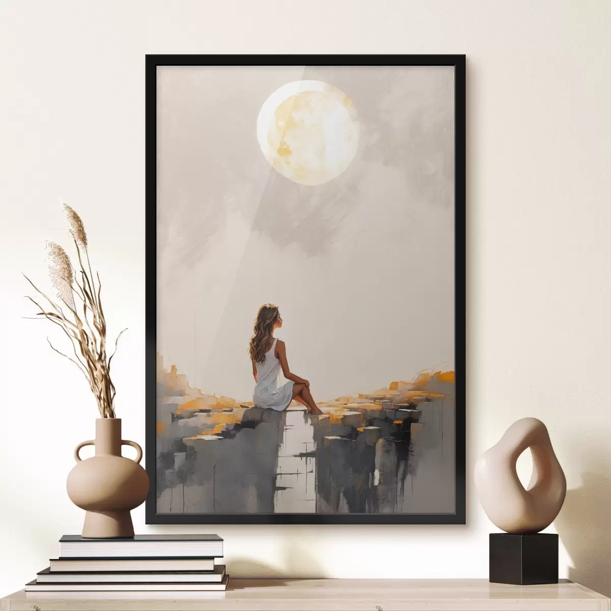 Poster Fille en robe blanche assise sous une grande lune f45621