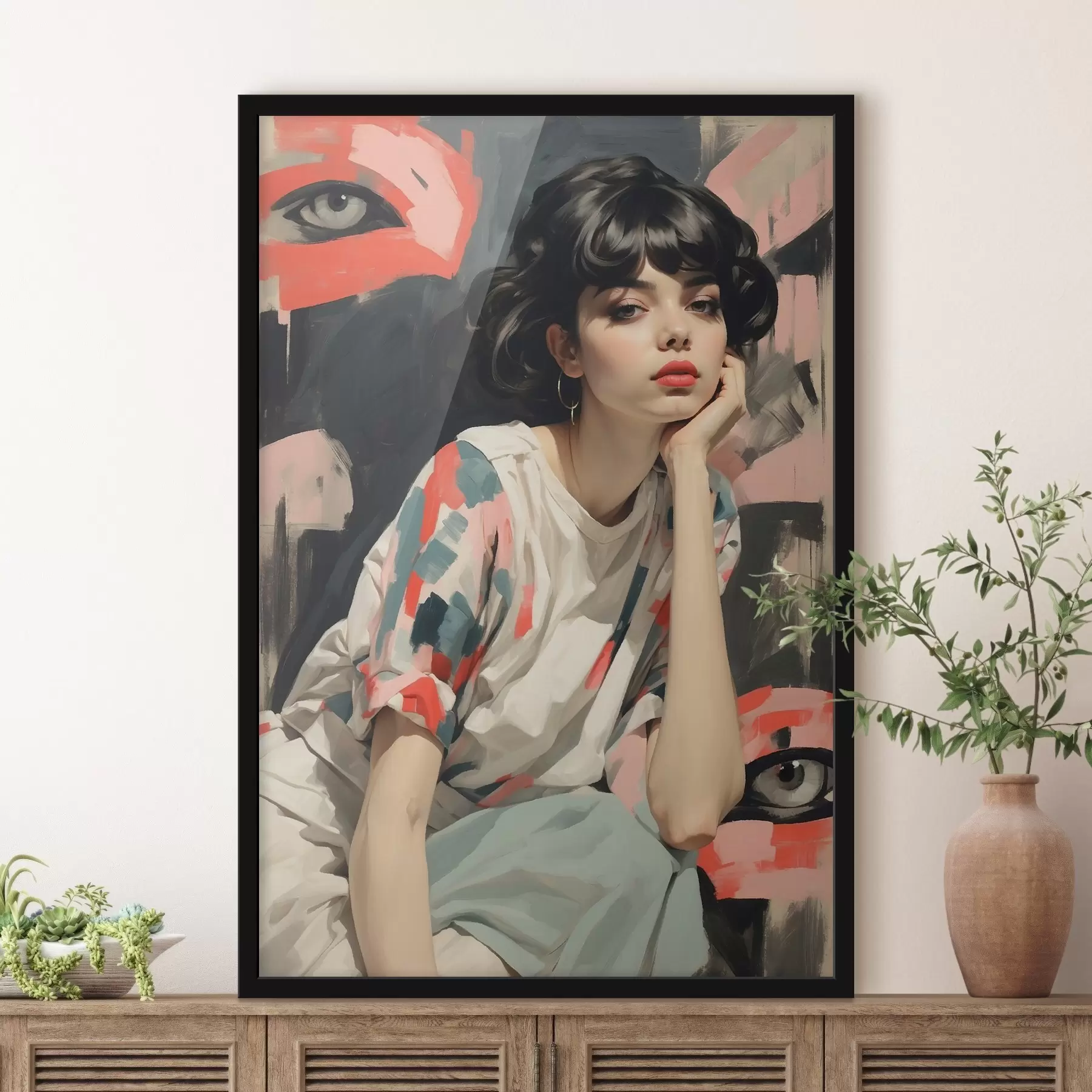 Papier peint Portrait d'une jeune fille sur fond d'yeux et de traits abstraits f45623