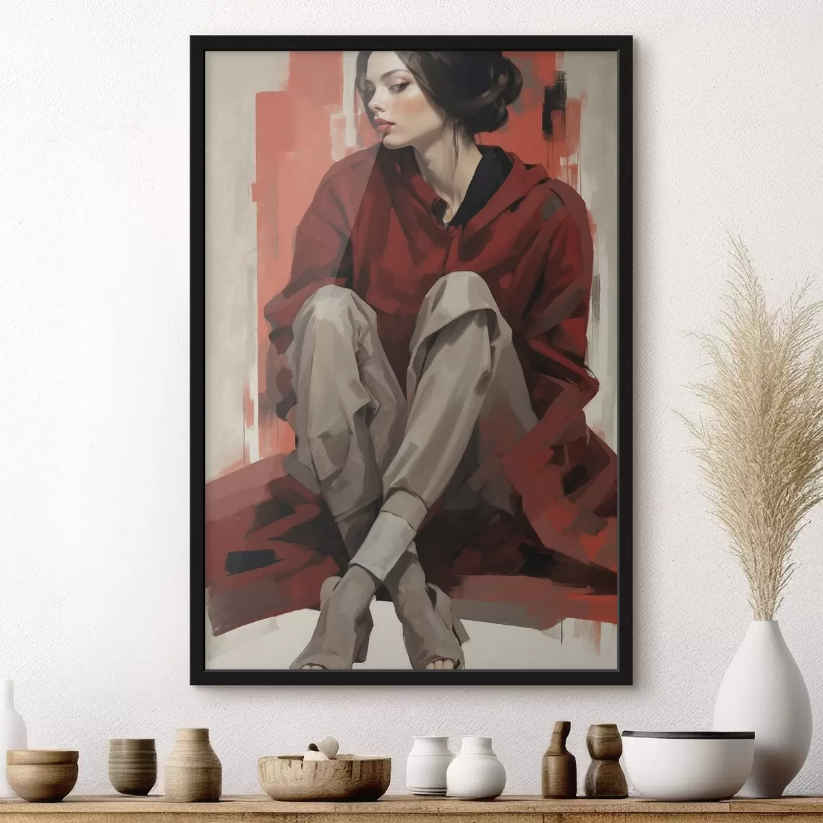 Poster Fille vêtue d'une cape rouge, assise, les jambes repliées f45624