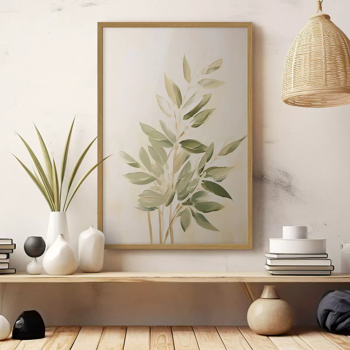 Poster Branche avec des feuilles vertes sur un fond beige clair f45689