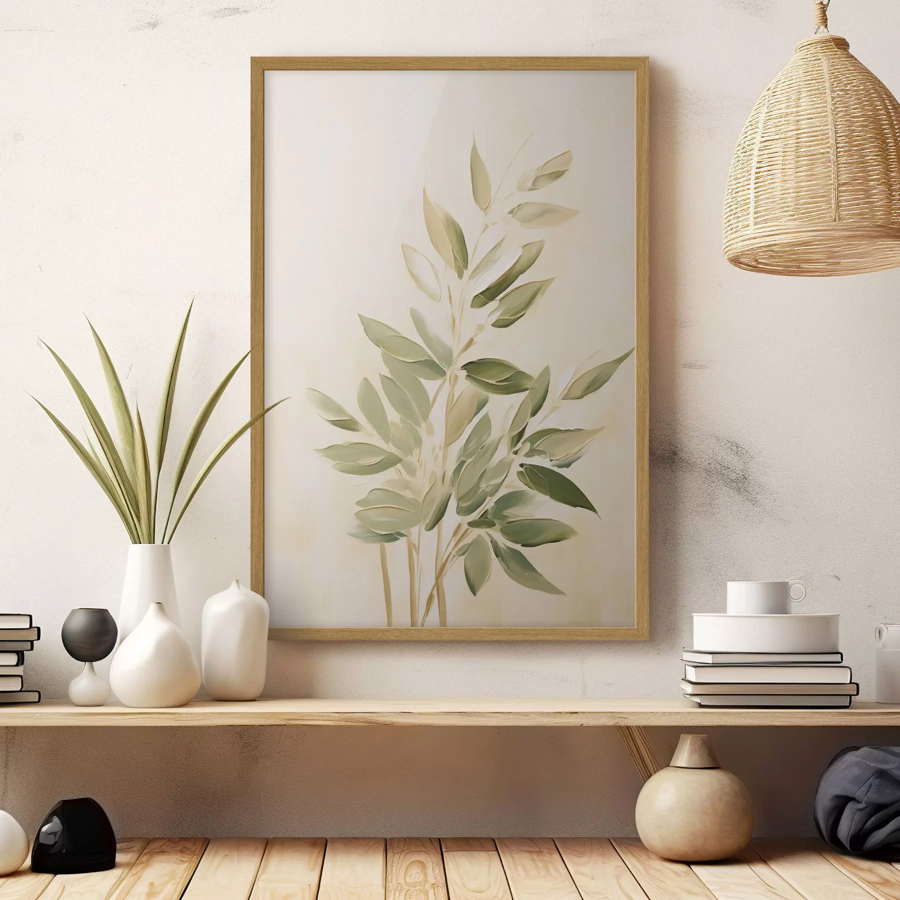 Papier peint Branche avec des feuilles vertes sur un fond beige clair f45689