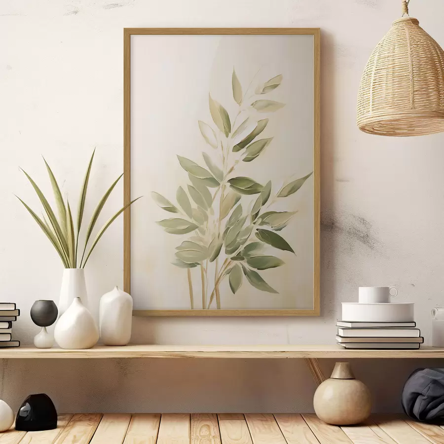 Papier peint Branche avec des feuilles vertes sur un fond beige clair f45689