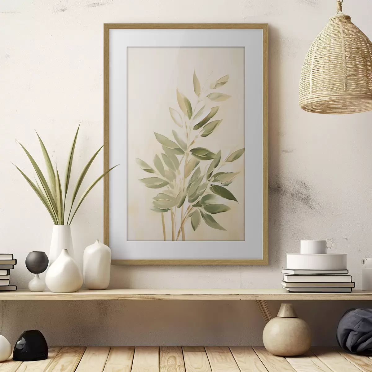Poster Branche avec des feuilles vertes sur un fond beige clair f45689