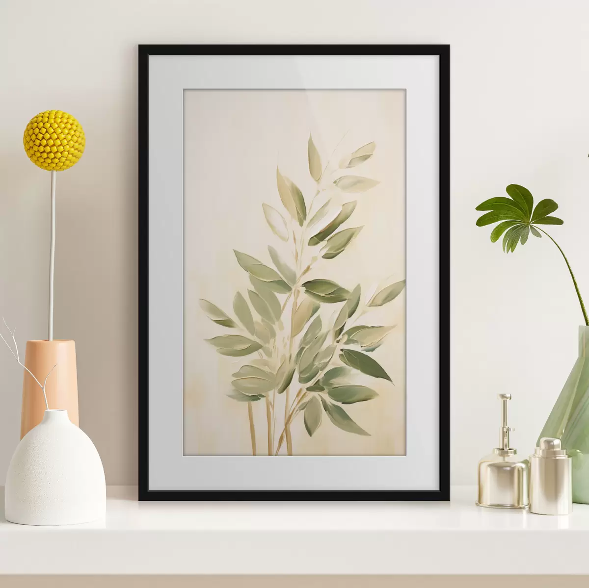 Poster Branche avec des feuilles vertes sur un fond beige clair f45689