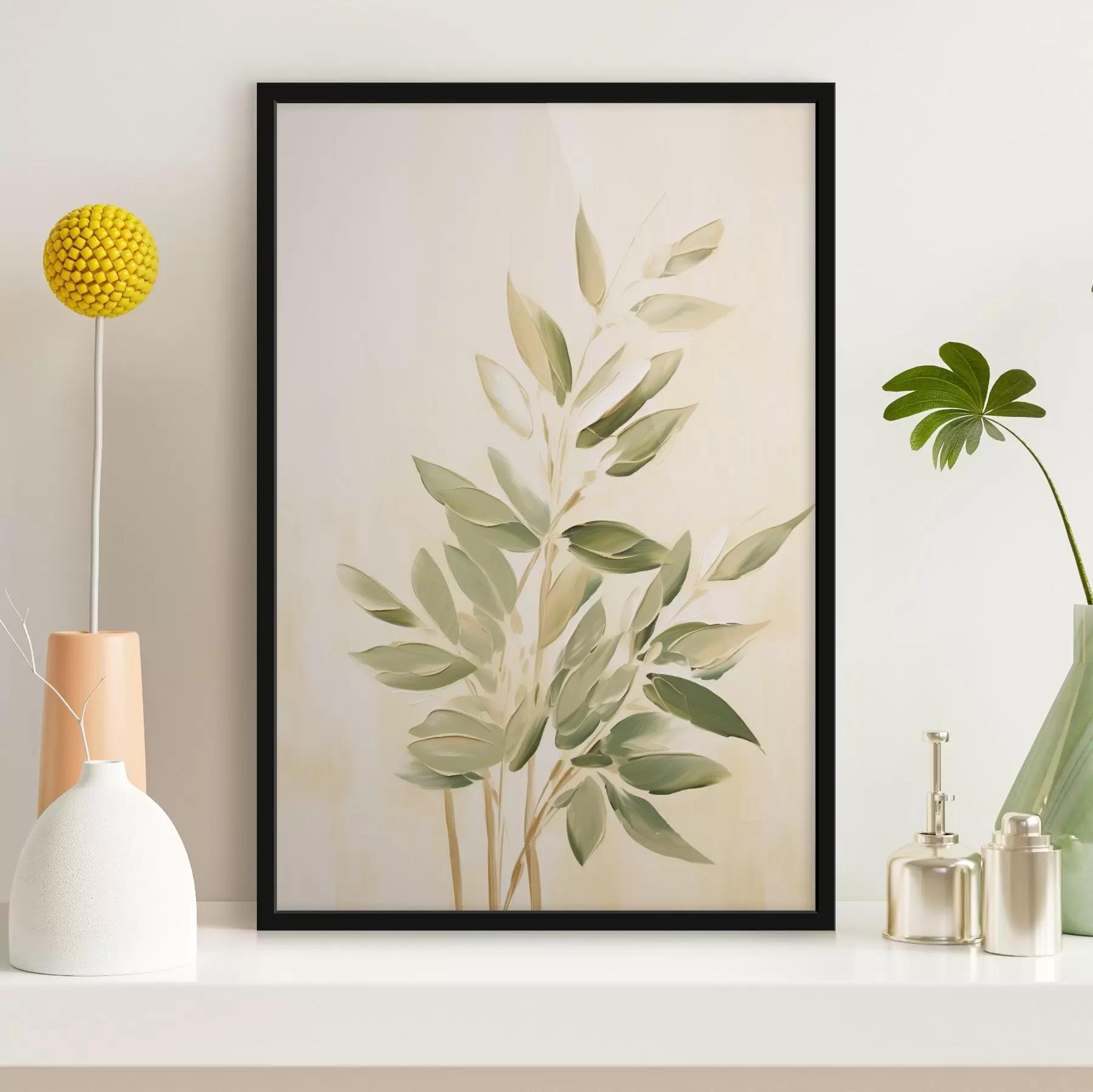 Papier peint Branche avec des feuilles vertes sur un fond beige clair f45689