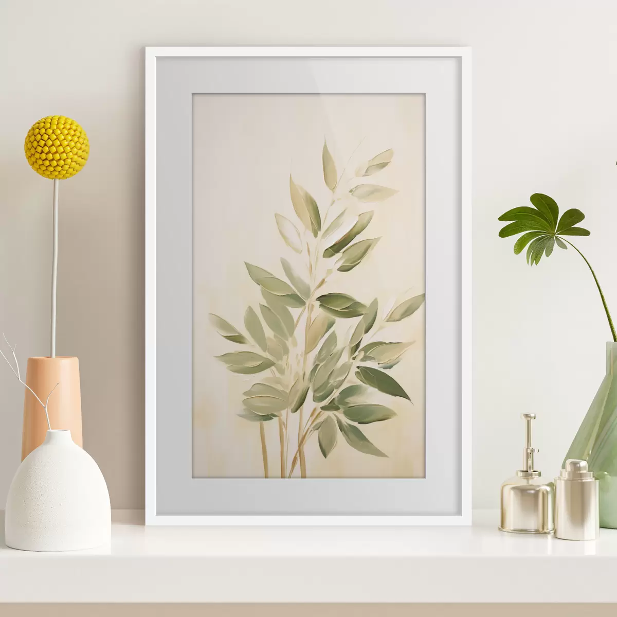 Poster Branche avec des feuilles vertes sur un fond beige clair f45689