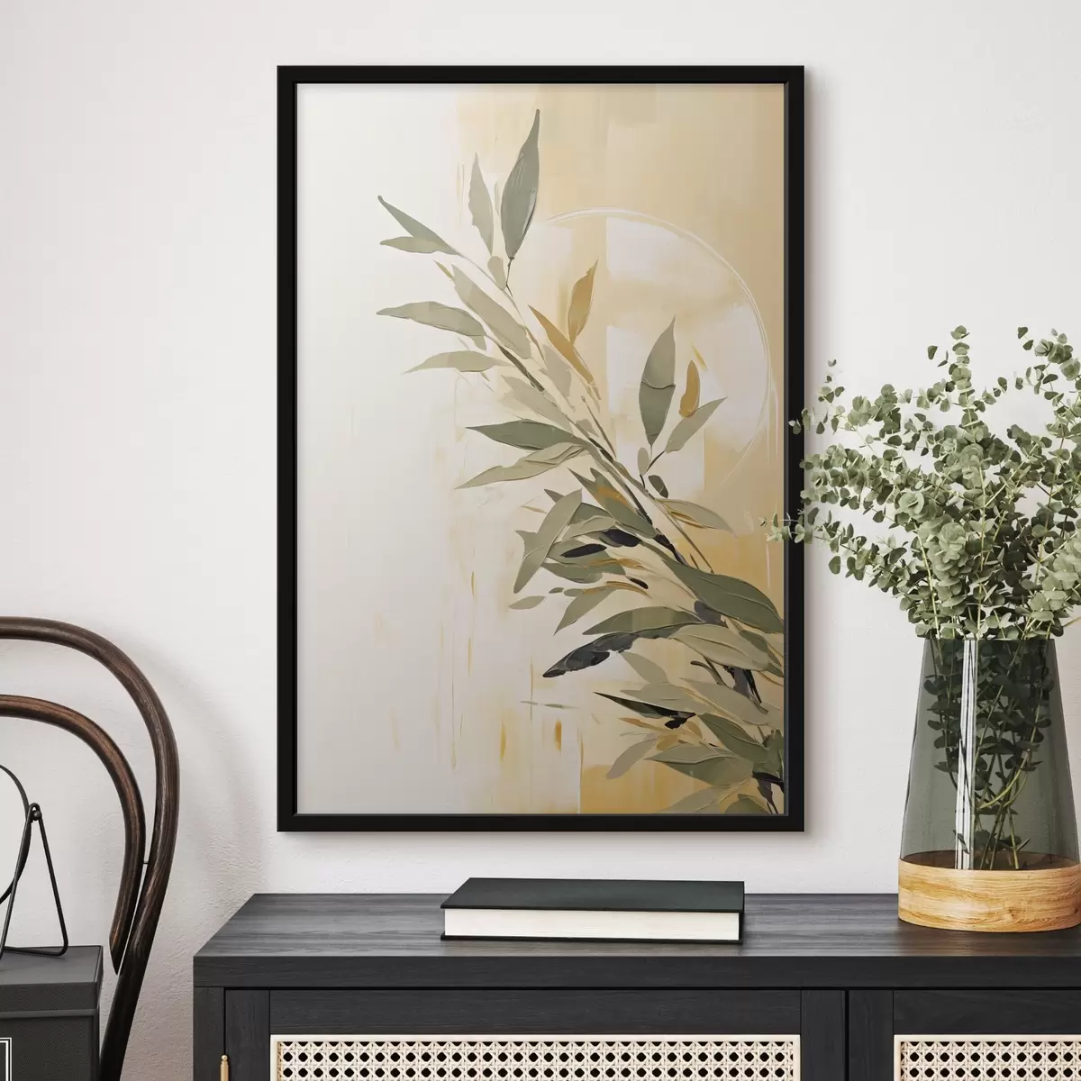 Poster Branche botanique avec des feuilles vertes sur un fond chaud f45690