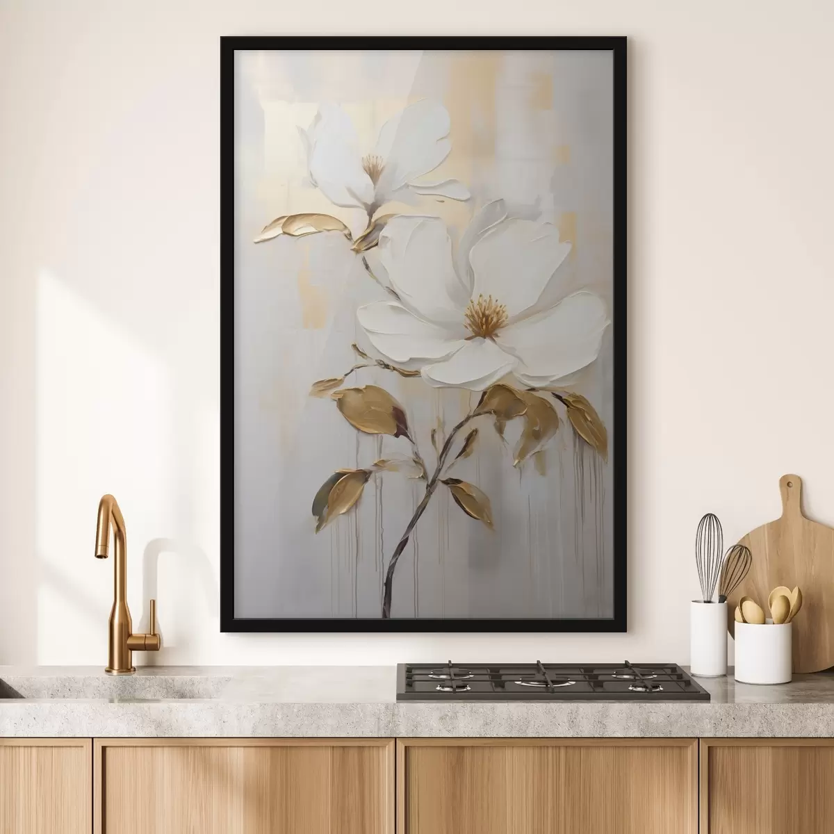 Poster Deux fleurs blanches avec des feuilles jaune-orange sur un fond clair f45691