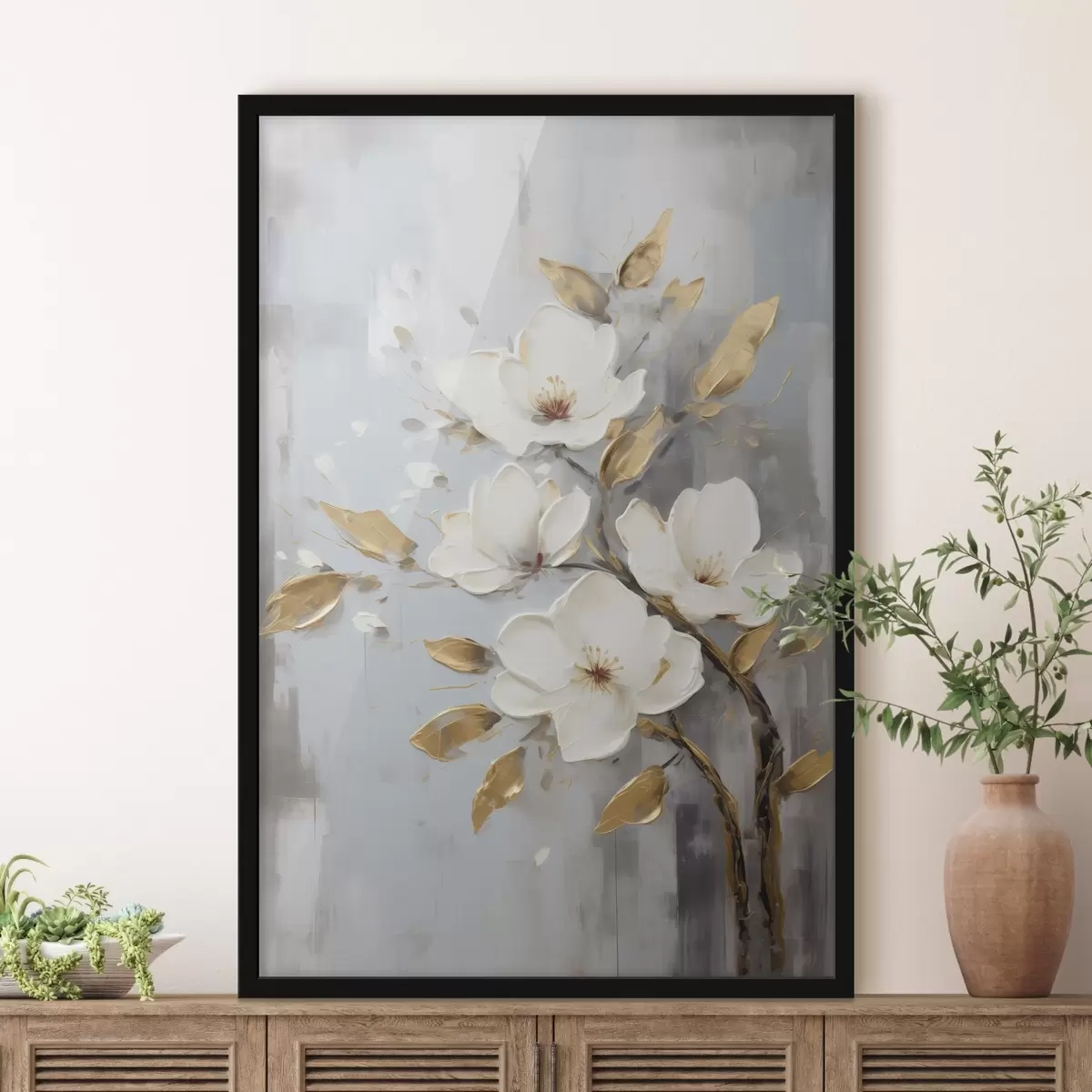 Poster Branche avec des fleurs blanches et des feuilles jaune-orange f45692