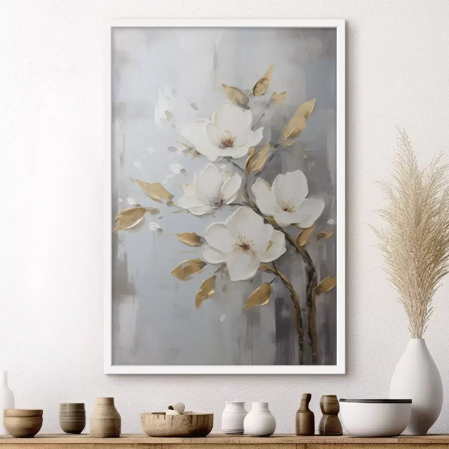 Papier peint Branche avec des fleurs blanches et des feuilles jaune-orange f45692