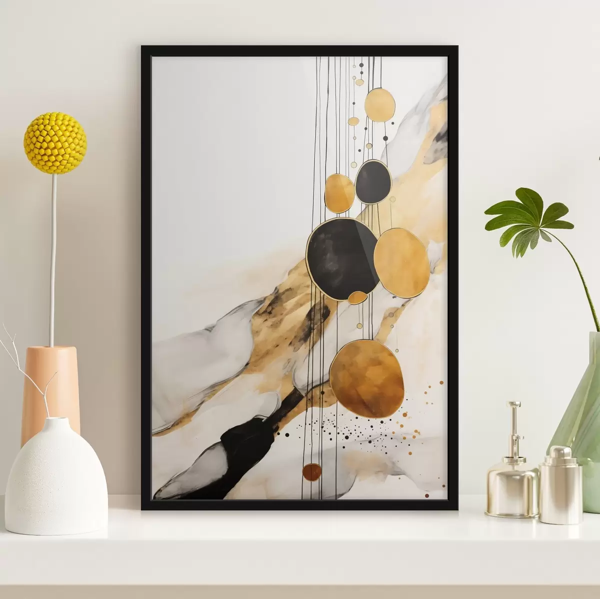Poster Cercles abstraits orange et noirs sur fond clair f45693