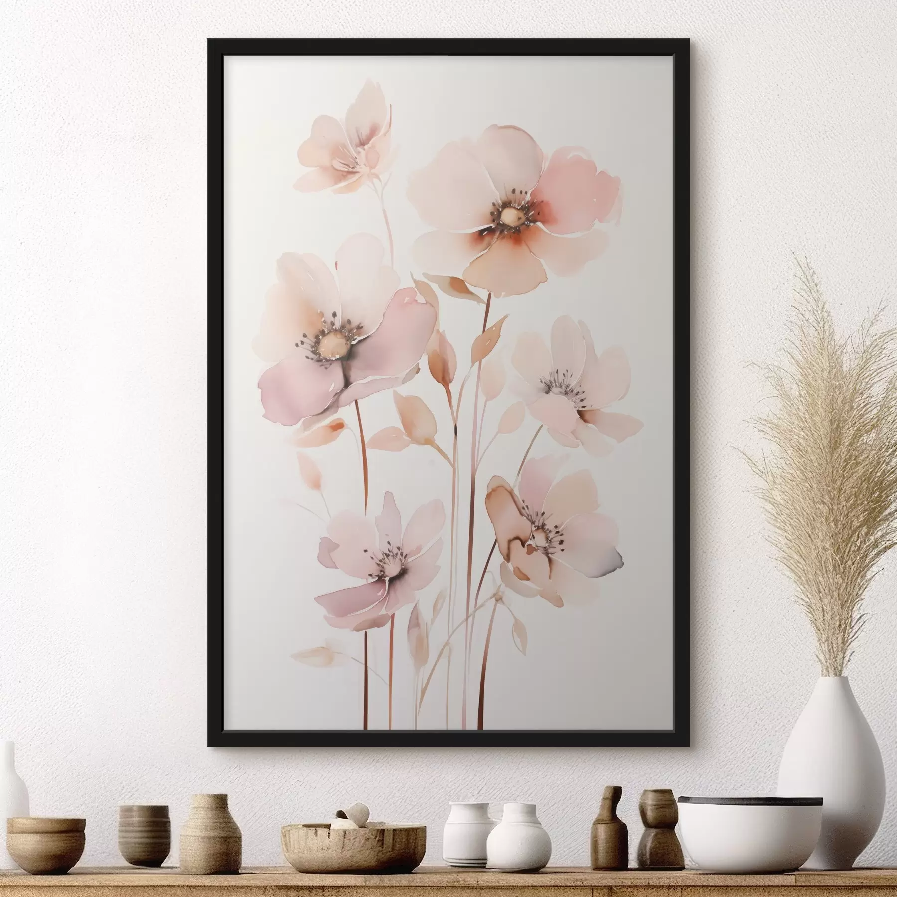 Papier peint Fleurs roses aquarelles sur tiges fines f45701