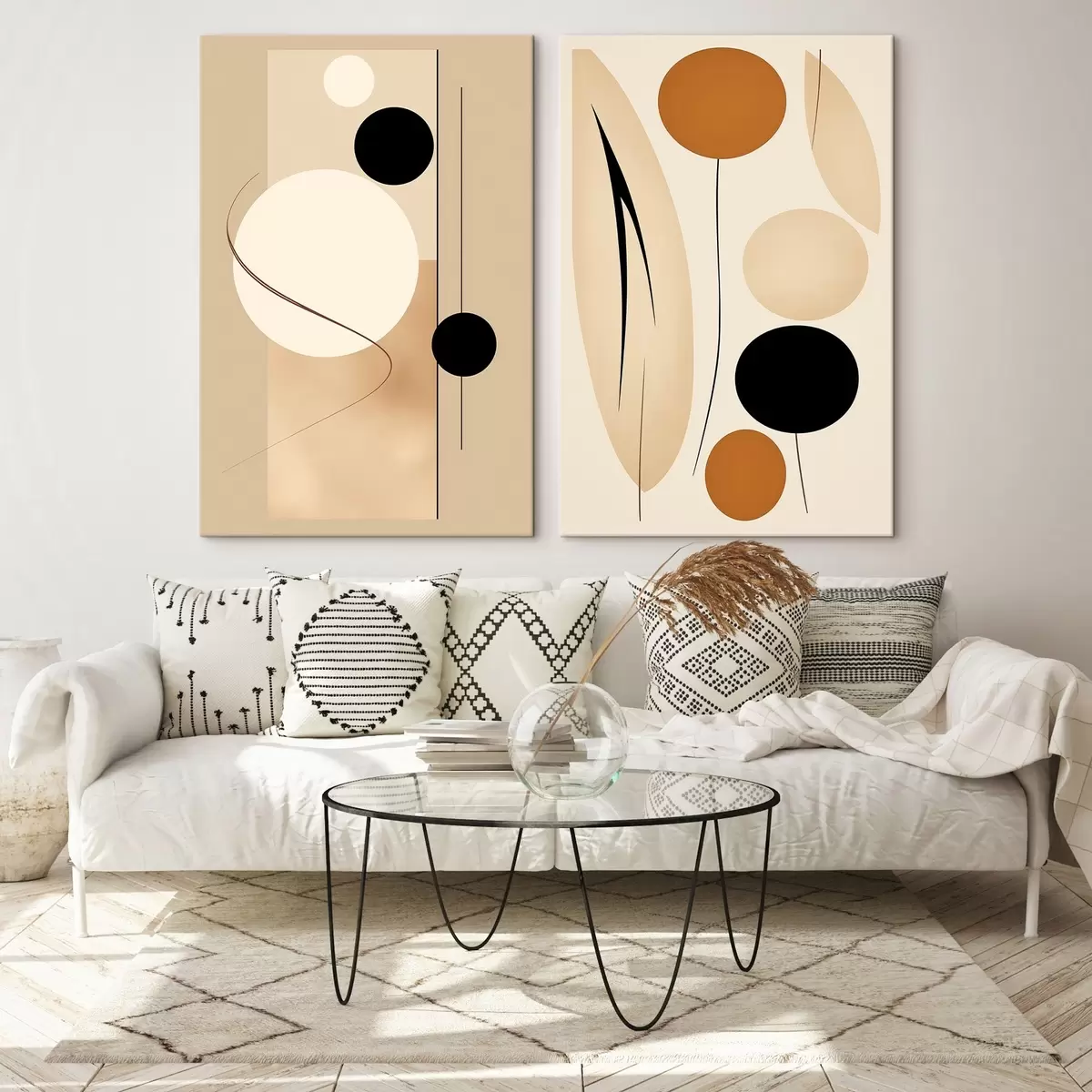 Tableau Cercles géométriques minimalistes dans les tons beige et noir m00685