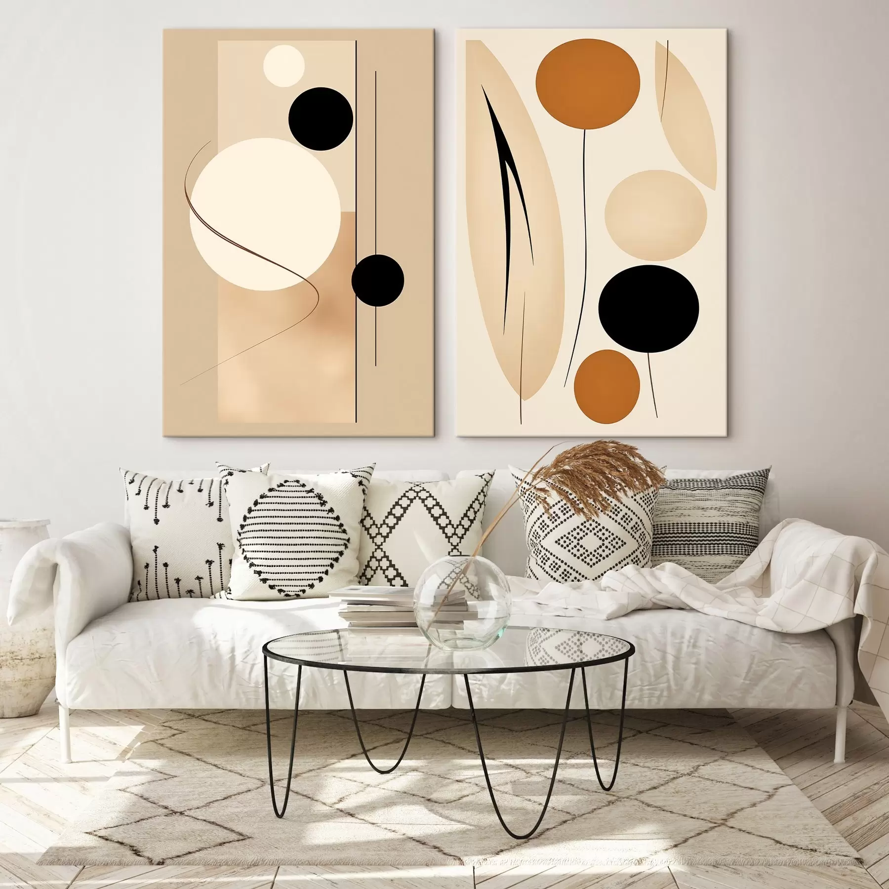 Tableau Cercles géométriques minimalistes dans les tons beige et noir m00685
