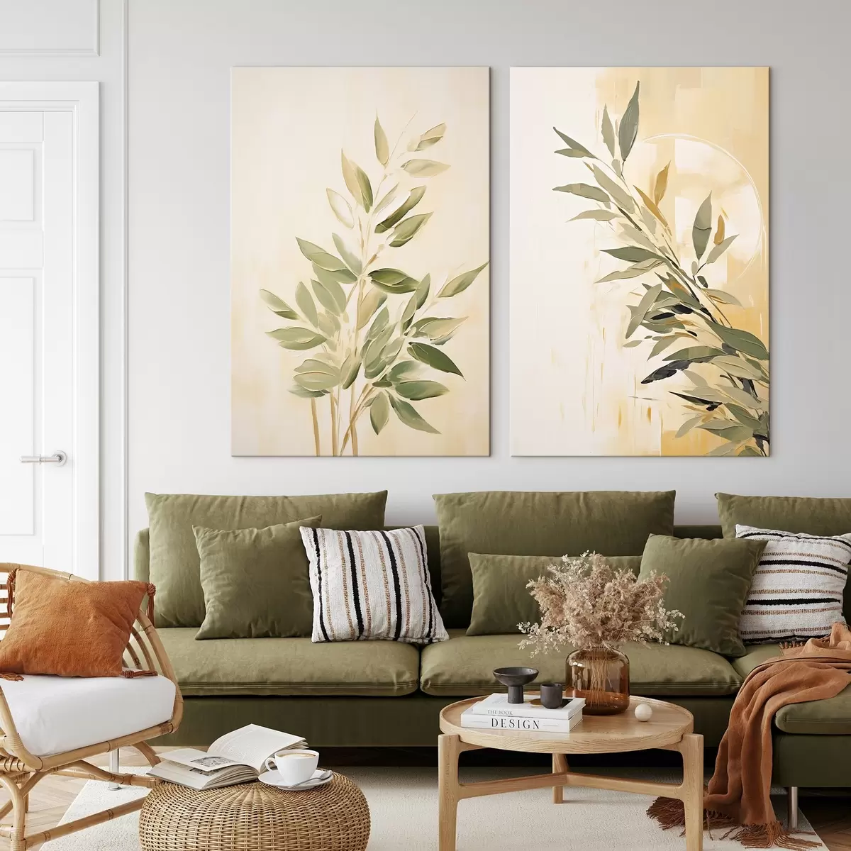 Tableau Branche botanique avec des feuilles vertes sur un fond chaud m00686