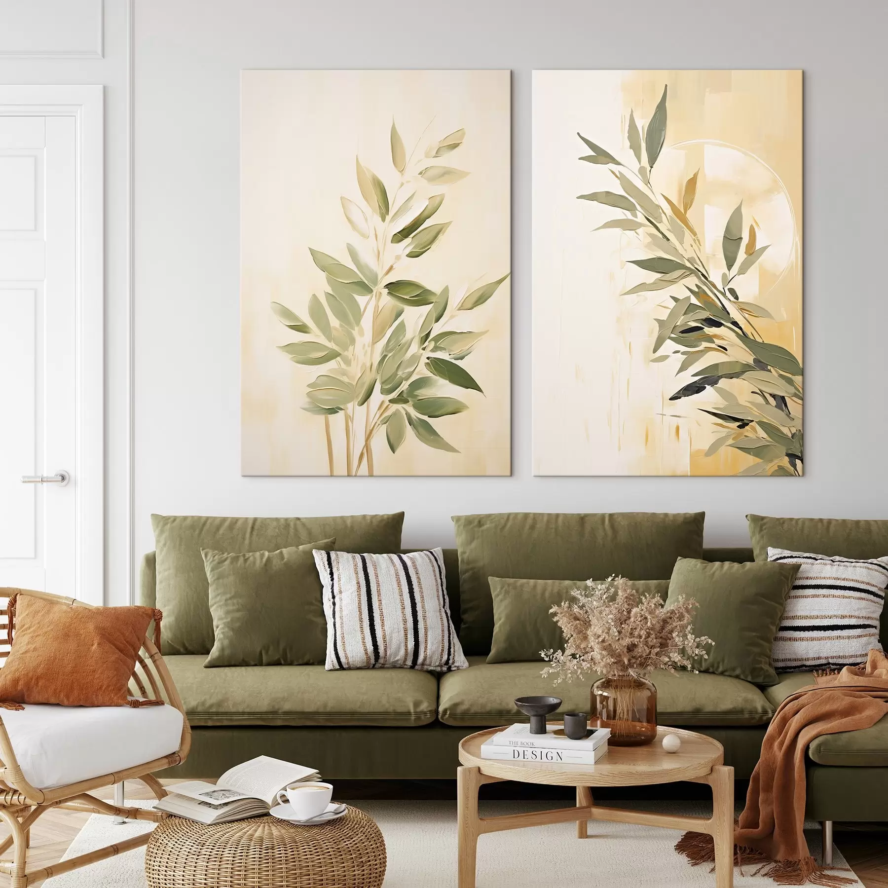 Tableau Branche botanique avec des feuilles vertes sur un fond chaud m00686
