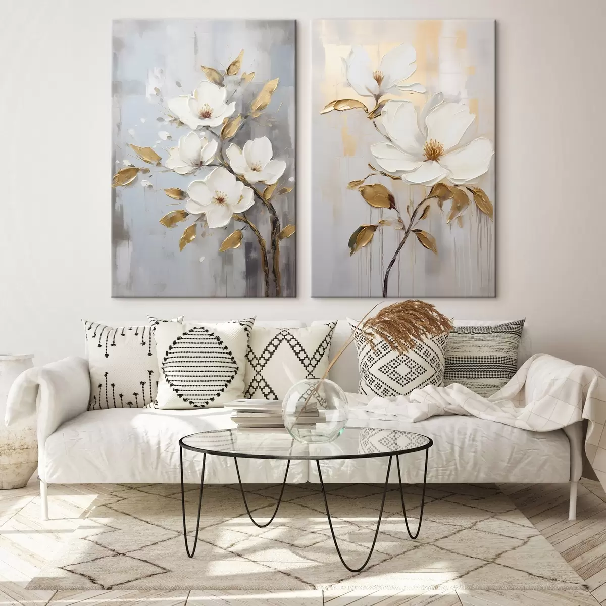 Tableau Deux fleurs blanches avec des feuilles jaune-orange sur un fond clair m00687