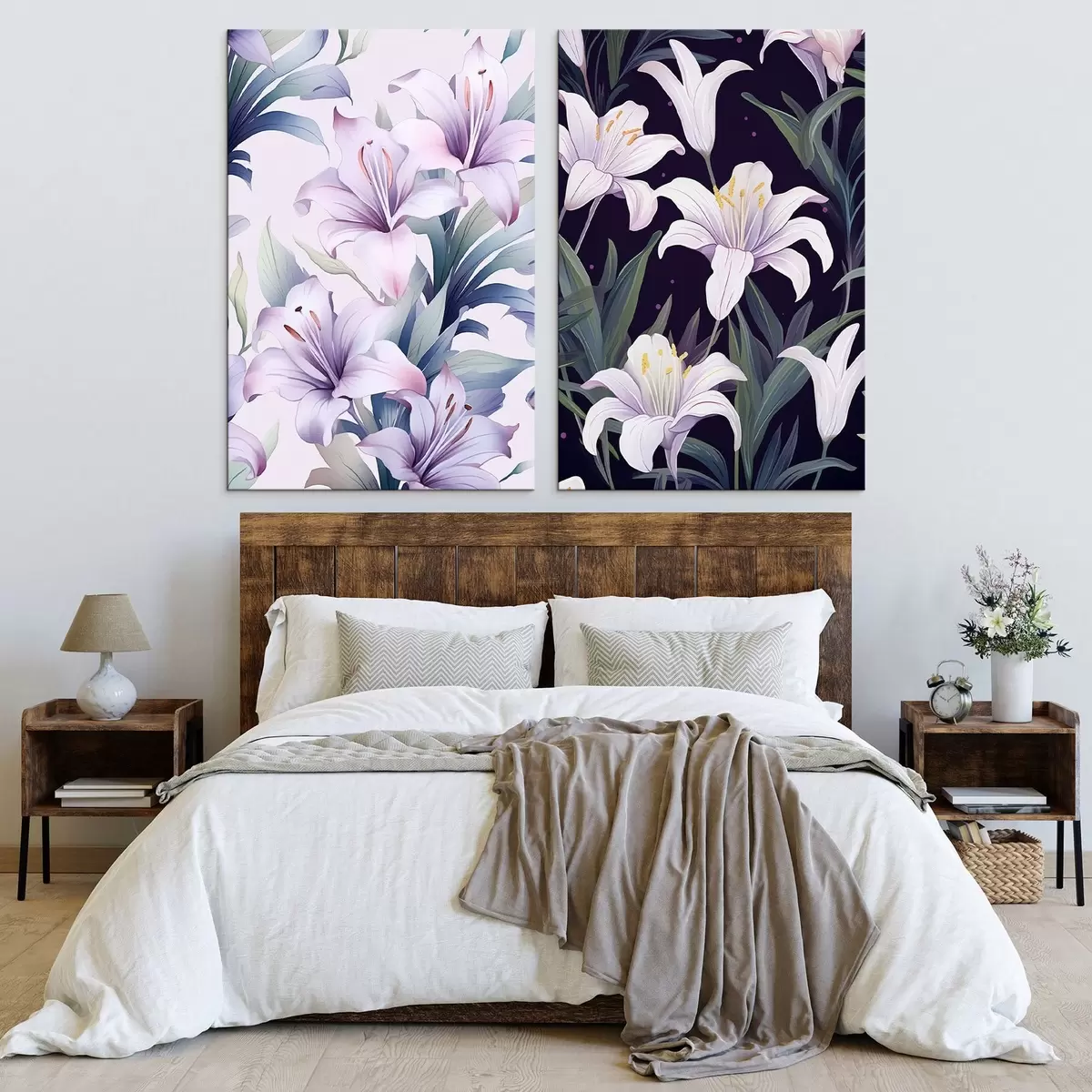 Tableau Lys roses délicats avec feuilles vertes sur fond clair et foncé m00689