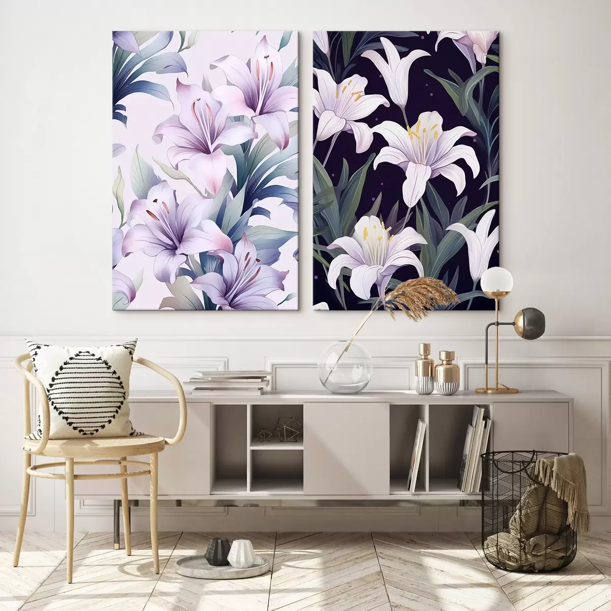 Tableau Lys roses délicats avec feuilles vertes sur fond clair et foncé m00689