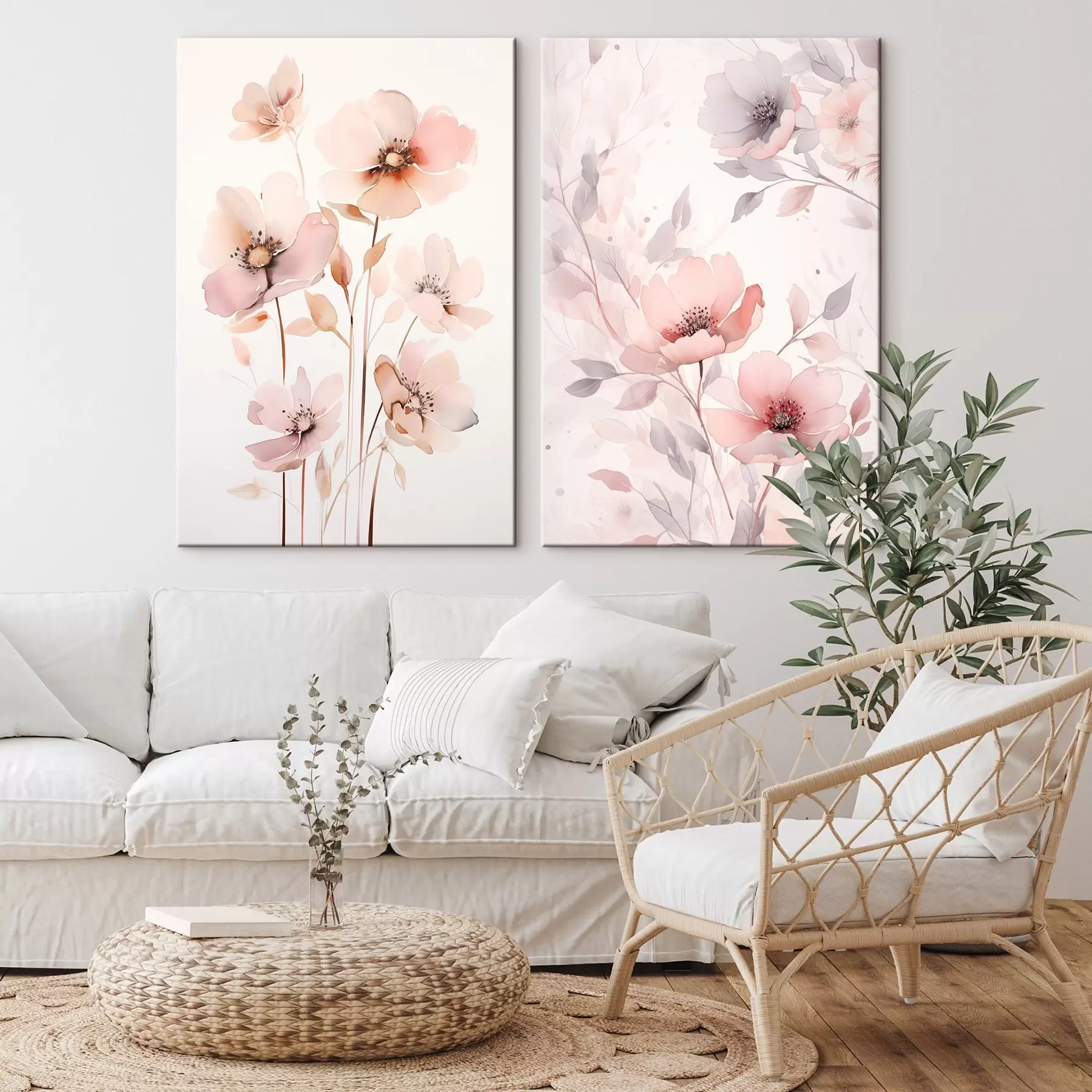 Tableau Fleurs roses aquarelles sur tiges fines m00690