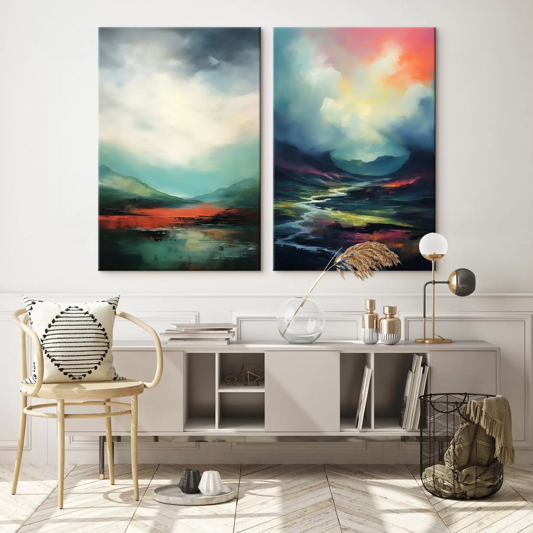 Tableau Paysage abstrait avec nuages dans les tons turquoise et rouge m00691