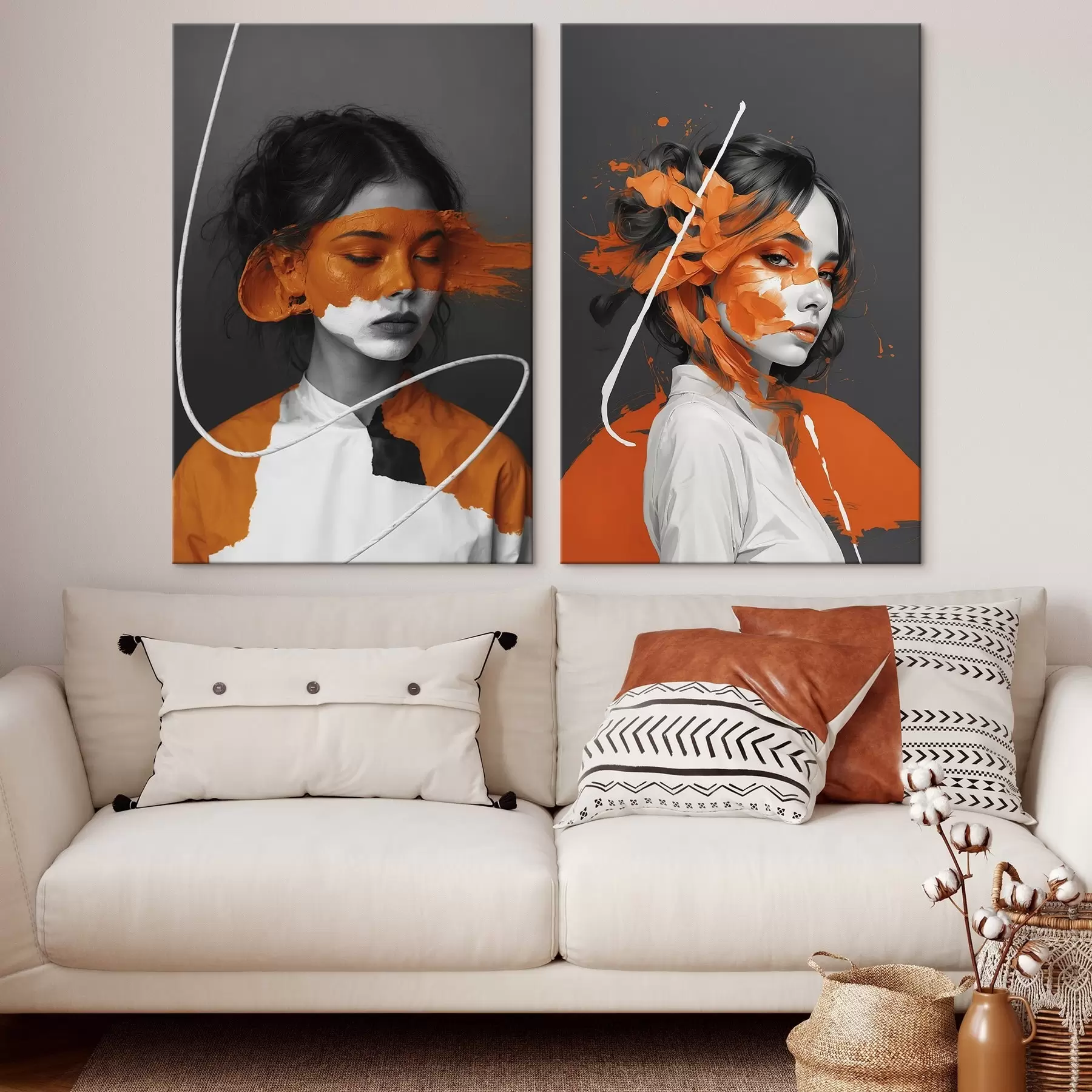 Tableau Portraits de filles avec des coups de pinceau abstraits de couleur orange m00693