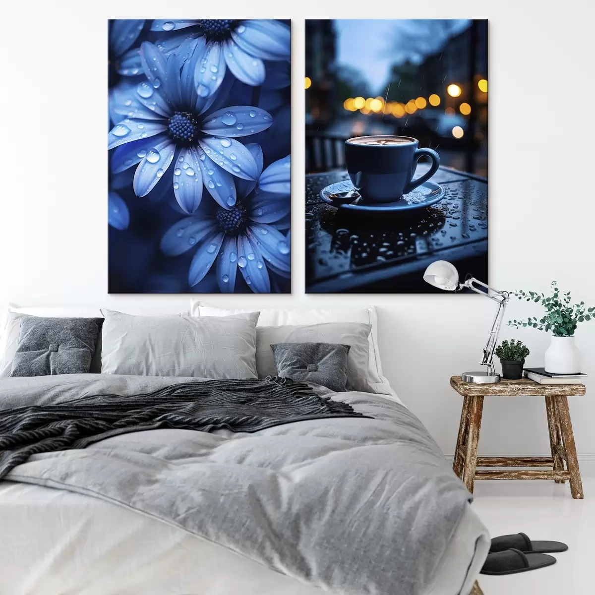 Tableau Fleurs bleues avec gouttes d'eau et tasse de café sous la pluie m00694