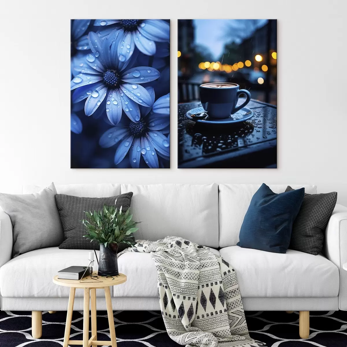 Tableau Fleurs bleues avec gouttes d'eau et tasse de café sous la pluie m00694
