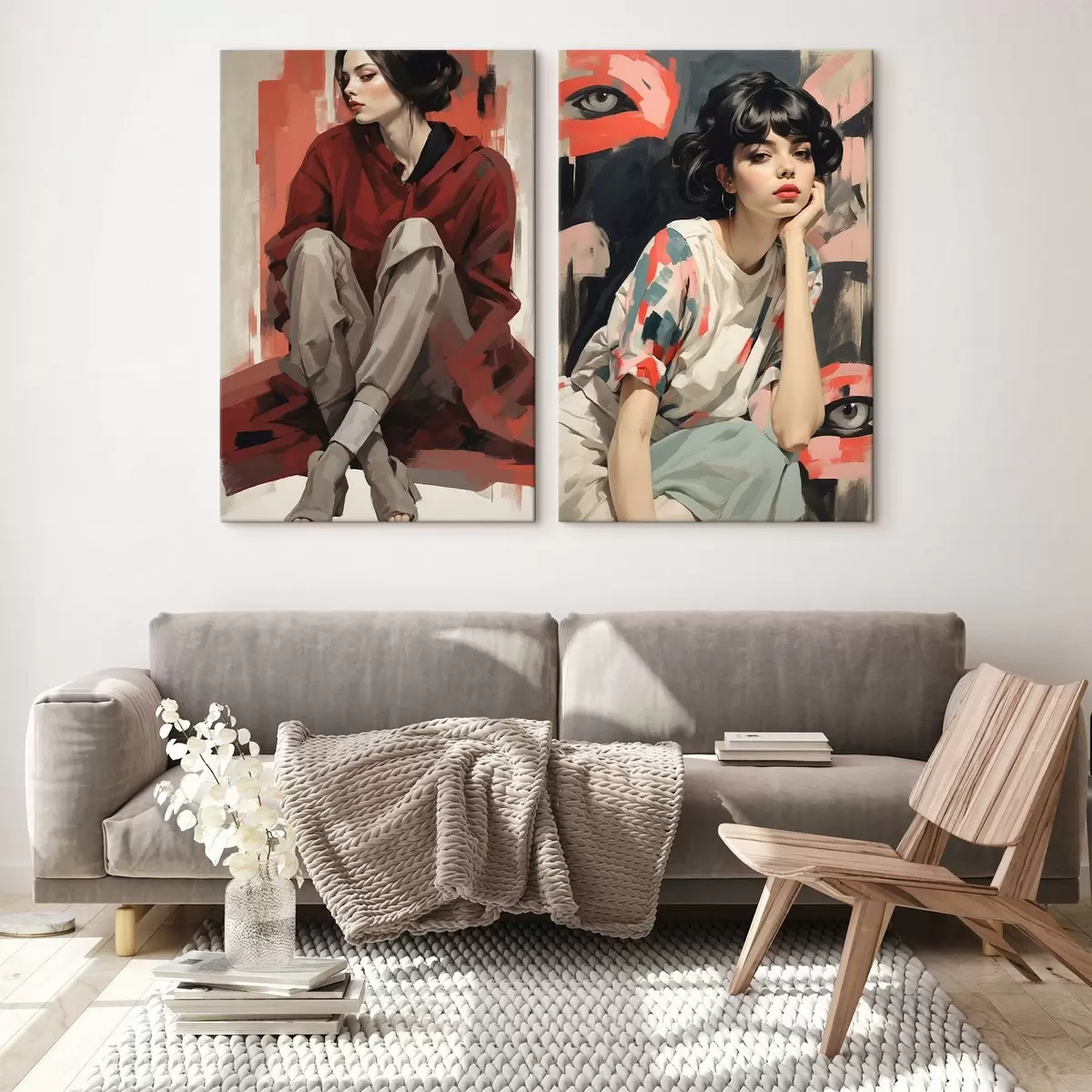 Tableau Portraits de filles dans des styles abstraits rouge et beige m00695