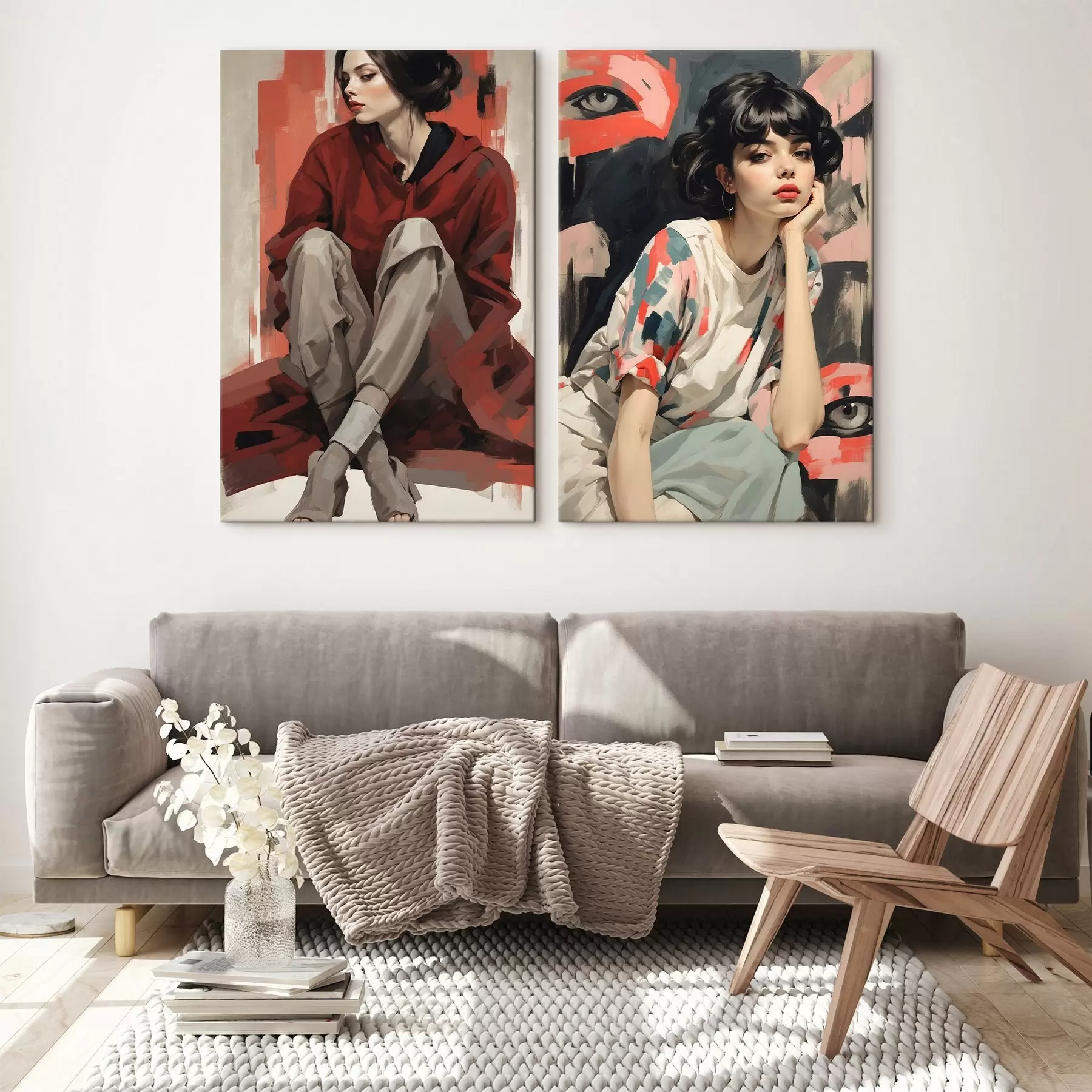 Tableau Portraits de filles dans des styles abstraits rouge et beige m00695