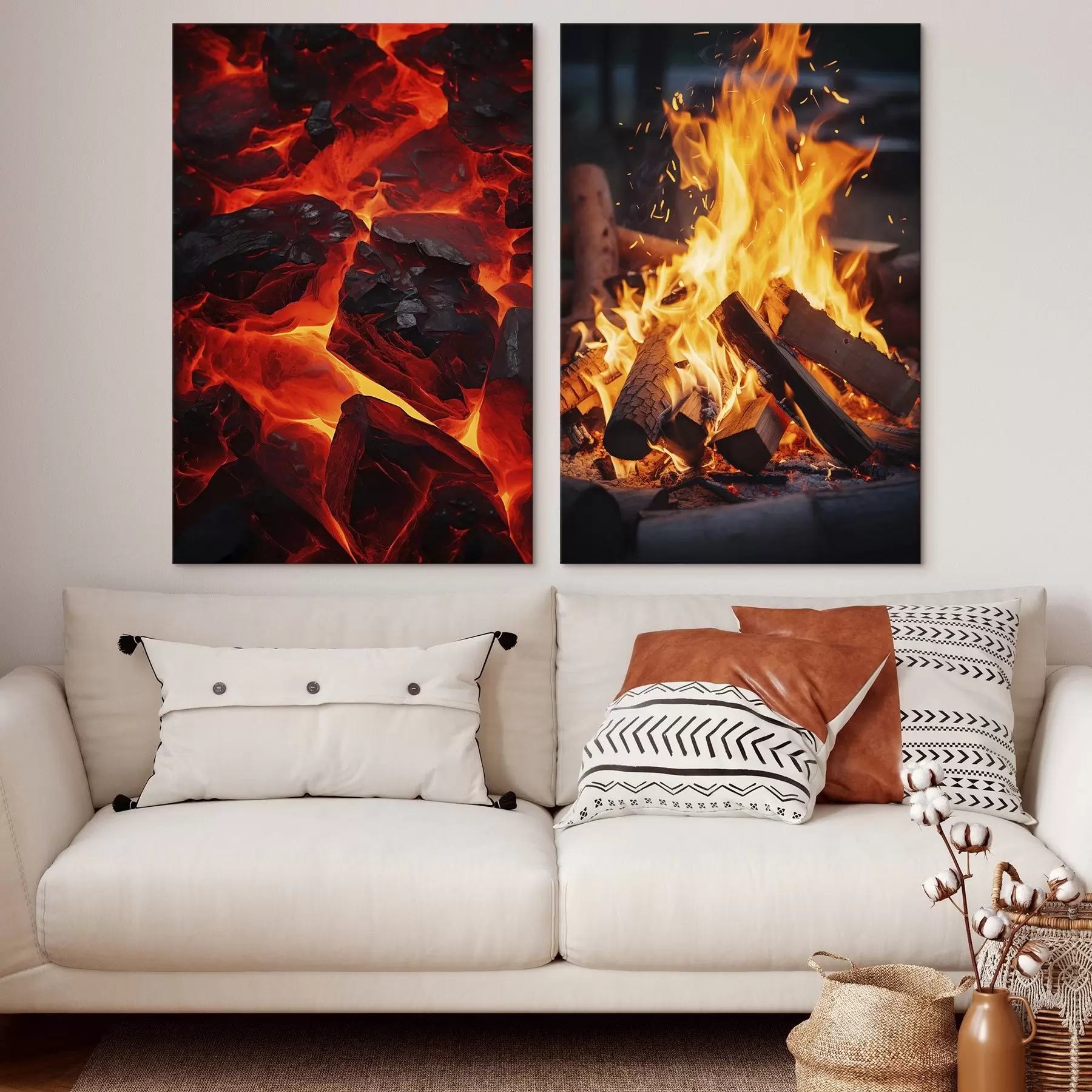 Tableau Charbons ardents et flammes dans l'obscurité m00696