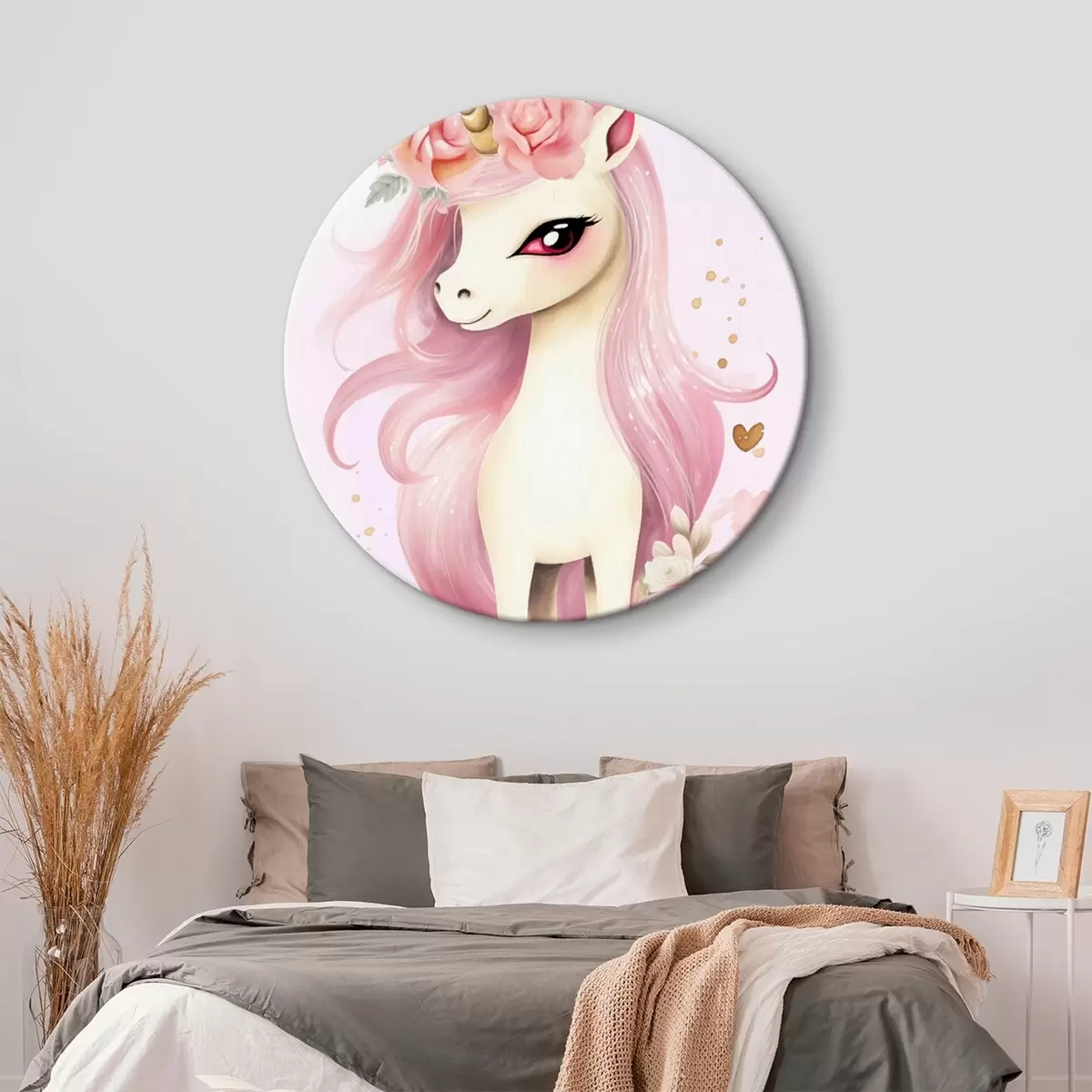 Tableaux rondes Licorne avec crinière rose et couronne de fleurs r45484