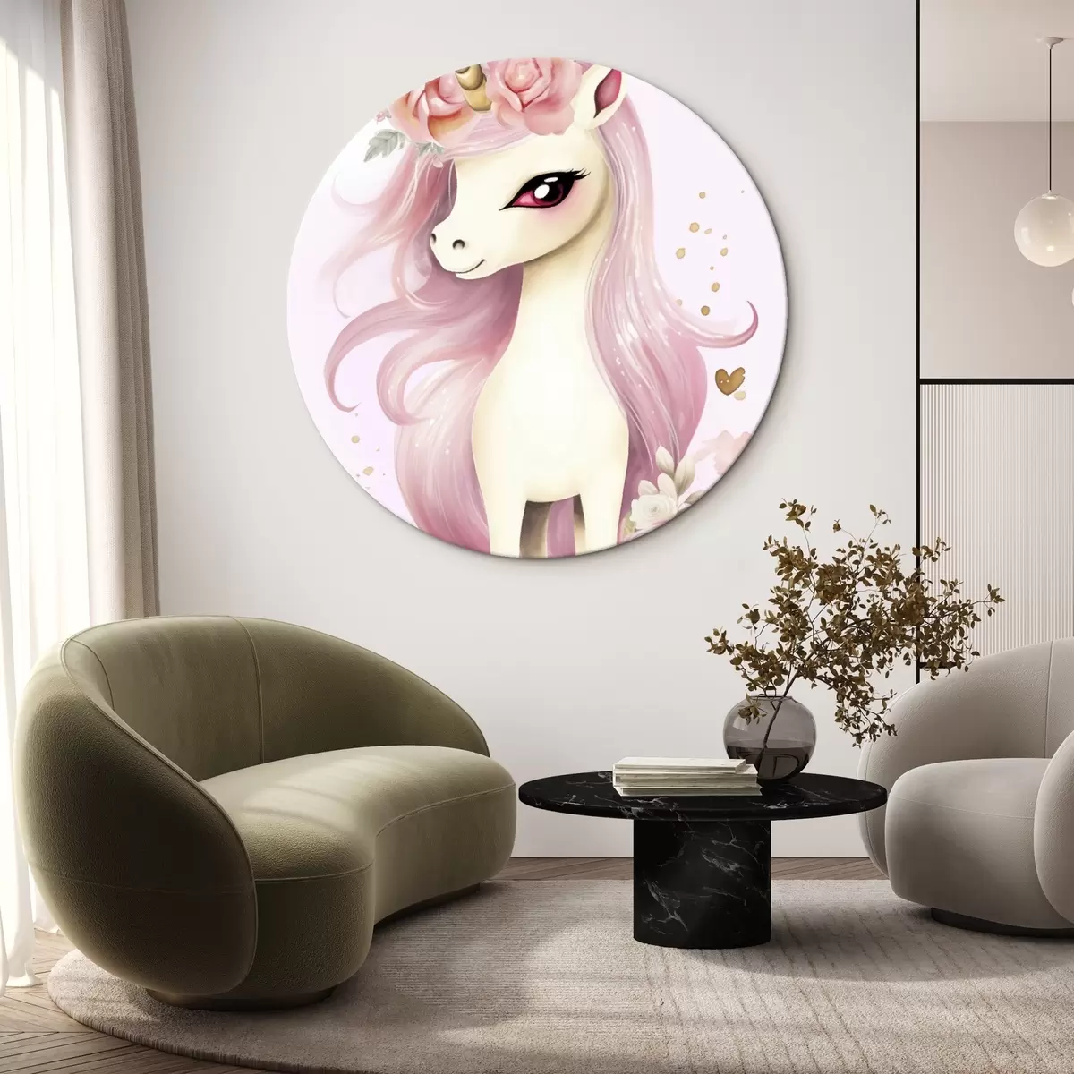 Tableaux rondes Licorne avec crinière rose et couronne de fleurs r45484