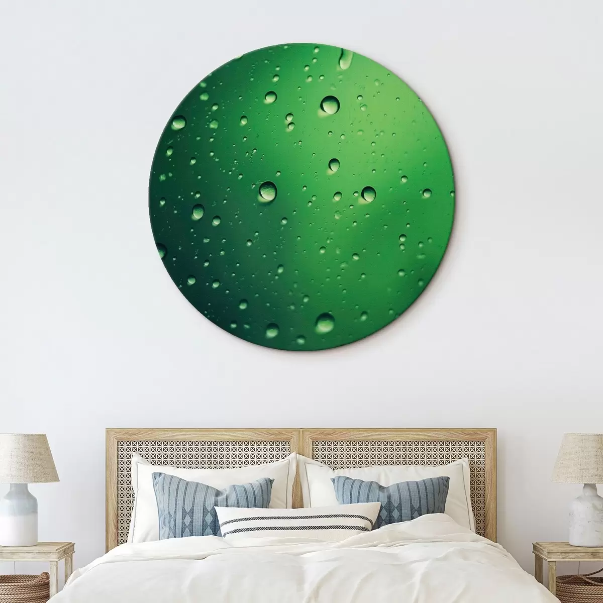 Tableaux rondes Gouttes d'eau sur verre vert, gros plan r45521